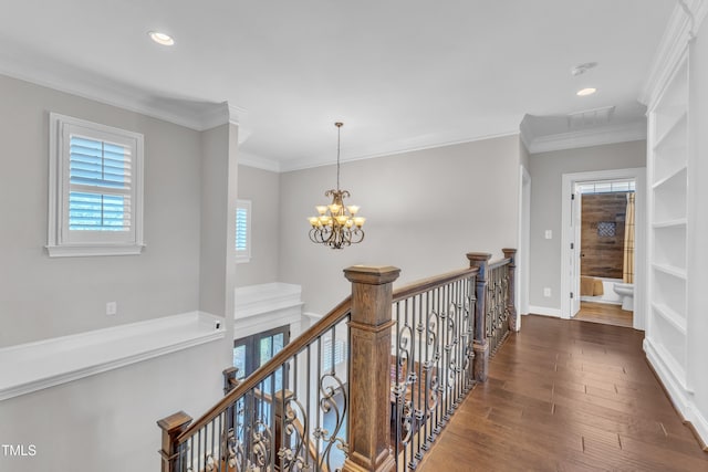 3329 Donlin Dr, Wake Forest, NC 27587 - hall featuring an upstairs landing, hardwood / wood-style floors, recessed lighting, a chandelier, and crown molding
