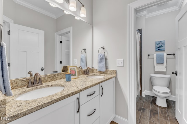 3329 Donlin Dr, Wake Forest, NC 27587 - full bath featuring crown molding, double vanity, and a shower with curtain