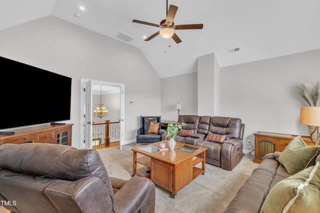 3329 Donlin Dr, Wake Forest, NC 27587 - living room with lofted ceiling, ceiling fan, light carpet, a chandelier, and recessed lighting