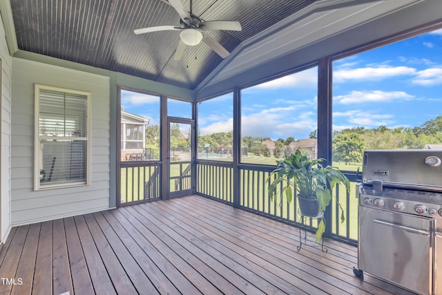 3329 Donlin Dr, Wake Forest, NC 27587 - unfurnished sunroom featuring a ceiling fan, lofted ceiling, and healthy amount of natural light