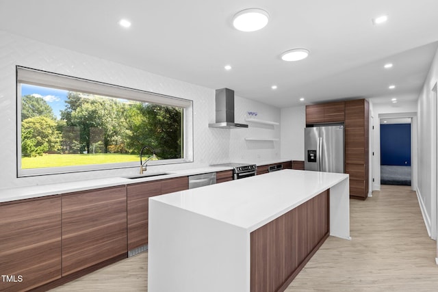 115 Ashworth Dr, Durham, NC 27707 - kitchen featuring appliances with stainless steel finishes, modern cabinets, wall chimney range hood, a center island, and open shelves