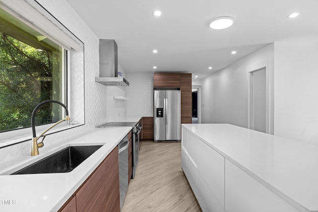 115 Ashworth Dr, Durham, NC 27707 - kitchen with wall chimney exhaust hood, stainless steel appliances, modern cabinets, open shelves, and light countertops