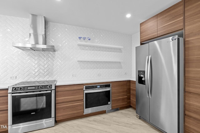 115 Ashworth Dr, Durham, NC 27707 - kitchen with stainless steel appliances, wall chimney exhaust hood, open shelves, brown cabinetry, and modern cabinets