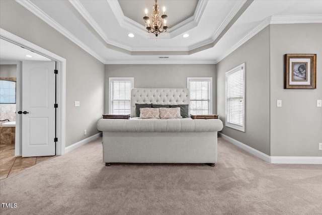 2011 Gibsonville Ossipee Rd, Elon, NC 27244 - bedroom featuring light colored carpet, a chandelier, crown molding, a tray ceiling, and recessed lighting