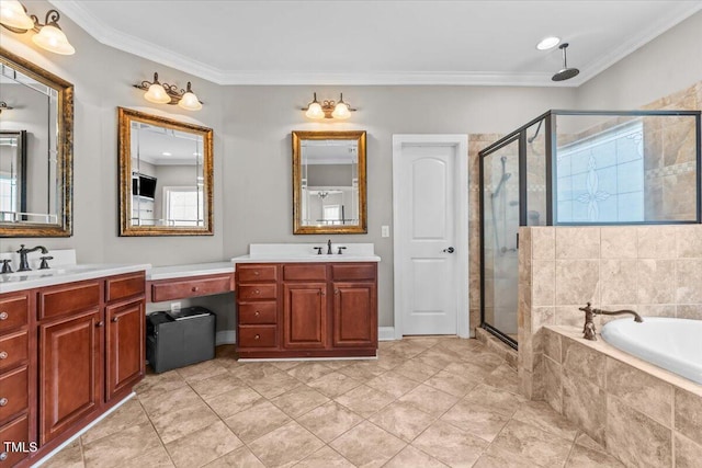 2011 Gibsonville Ossipee Rd, Elon, NC 27244 - bathroom featuring a shower stall, vanity, a bath, and ornamental molding