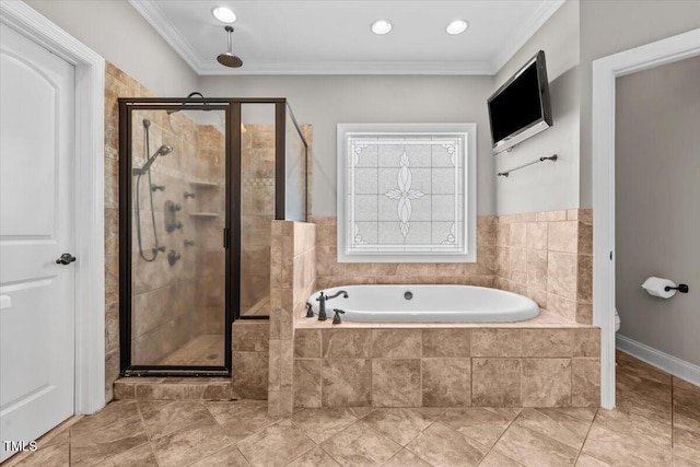 2011 Gibsonville Ossipee Rd, Elon, NC 27244 - full bath with a garden tub, a shower stall, ornamental molding, recessed lighting, and tile patterned floors