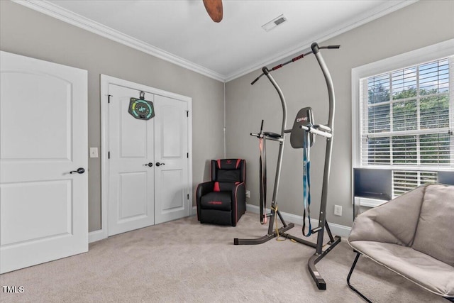 2011 Gibsonville Ossipee Rd, Elon, NC 27244 - exercise area featuring crown molding, carpet floors, and ceiling fan