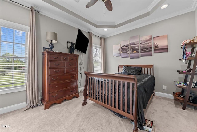 2011 Gibsonville Ossipee Rd, Elon, NC 27244 - bedroom featuring carpet floors, ornamental molding, a raised ceiling, recessed lighting, and a ceiling fan