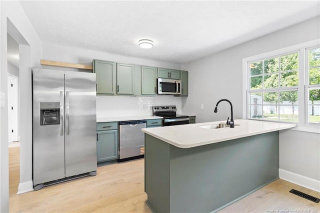 6123 Malvern Cir, Fayetteville, NC 28314 - kitchen featuring stainless steel appliances, light countertops, green cabinetry, and light wood-style floors