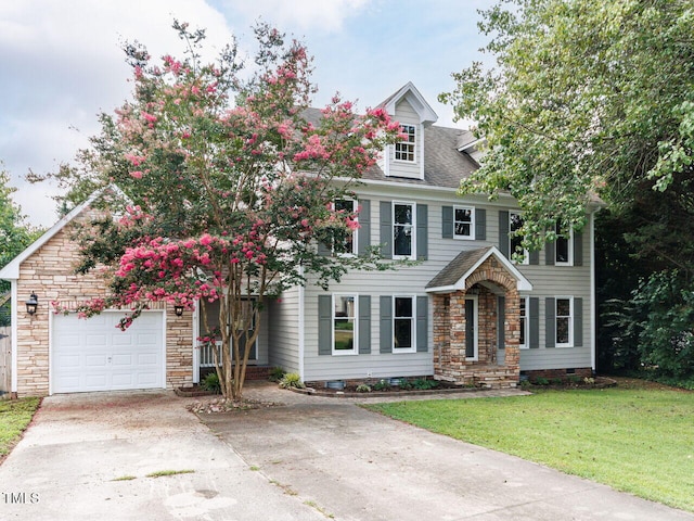 3525 Lytham Pl, Raleigh, NC 27604 - view of front of property with driveway, stone siding, a shingled roof, crawl space, and a front lawn