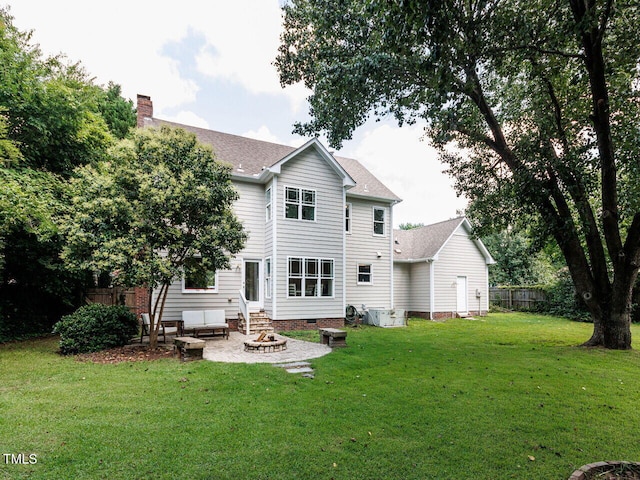 3525 Lytham Pl, Raleigh, NC 27604 - rear view of house featuring a chimney, a patio, a fire pit, entry steps, and roof with shingles