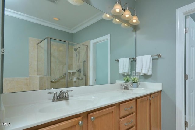 1079 Perdue Dr, Chapel Hill, NC 27517 - bathroom featuring double vanity, crown molding, and a stall shower