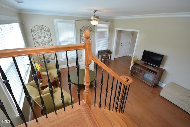1079 Perdue Dr, Chapel Hill, NC 27517 - stairway featuring wood finished floors, ornamental molding, and a ceiling fan