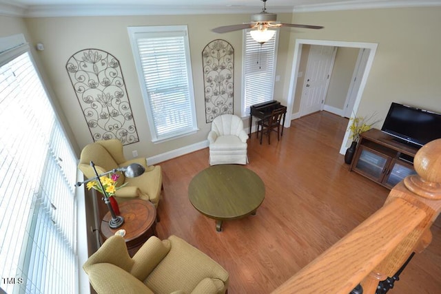 1079 Perdue Dr, Chapel Hill, NC 27517 - living area featuring ornamental molding, wood finished floors, and ceiling fan