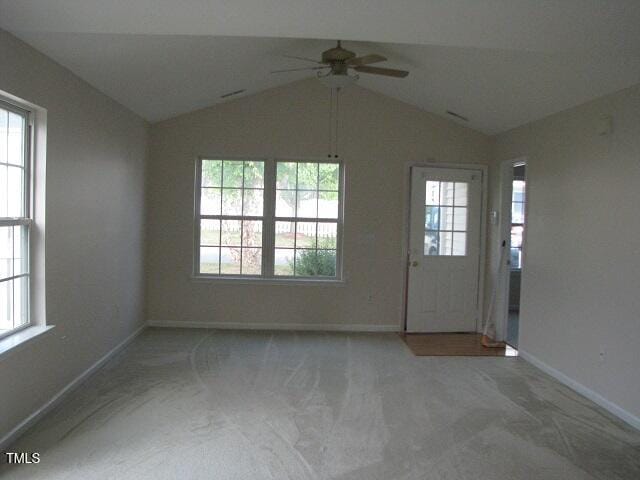 4419 Nightfall Ct, Durham, NC 27713 - foyer entrance with carpet flooring, a ceiling fan, healthy amount of natural light, and lofted ceiling