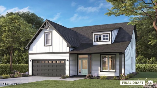 1677 Reservation Rd, Aberdeen, NC 28315 - view of front facade with a front yard, board and batten siding, a garage, driveway, and a shingled roof