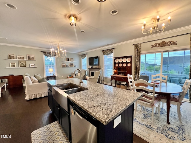1925 Bright Kannon Way, Wendell, NC 27591 - kitchen featuring a chandelier, open floor plan, crown molding, stainless steel dishwasher, and light stone counters