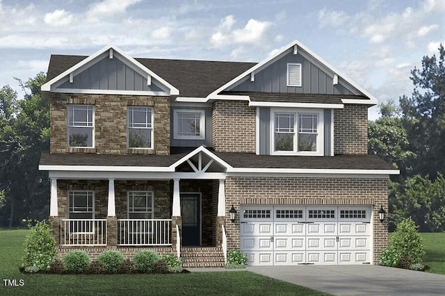 1089 Tulloch Ct Unit 207, Burlington, NC 27215 - craftsman-style home featuring a porch, an attached garage, concrete driveway, board and batten siding, and stone siding