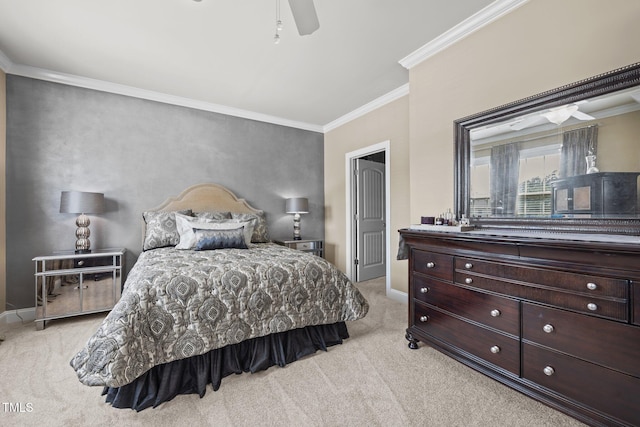 2505 Goldeneye Ct, Raleigh, NC 27606 - bedroom featuring light colored carpet, ornamental molding, and ceiling fan