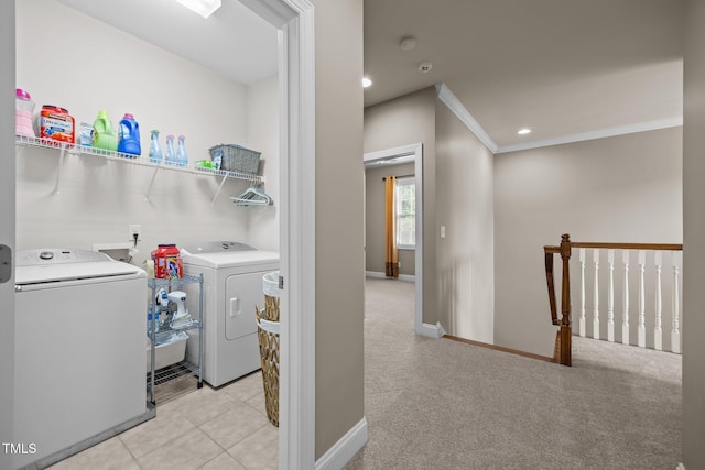 2505 Goldeneye Ct, Raleigh, NC 27606 - washroom featuring independent washer and dryer, crown molding, recessed lighting, and carpet floors
