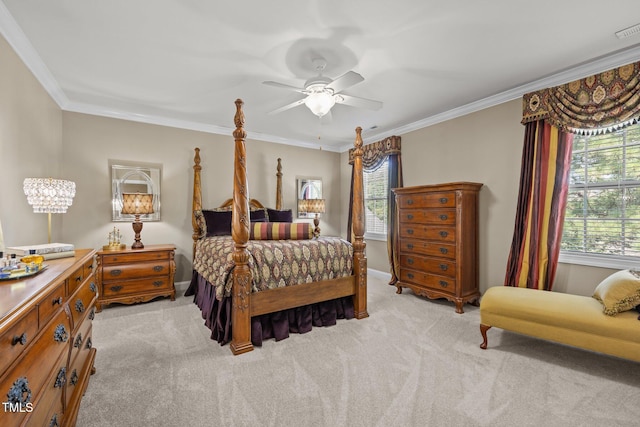 2505 Goldeneye Ct, Raleigh, NC 27606 - bedroom with light colored carpet, multiple windows, crown molding, and a ceiling fan