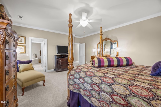 2505 Goldeneye Ct, Raleigh, NC 27606 - bedroom featuring carpet flooring, crown molding, ceiling fan, and ensuite bathroom