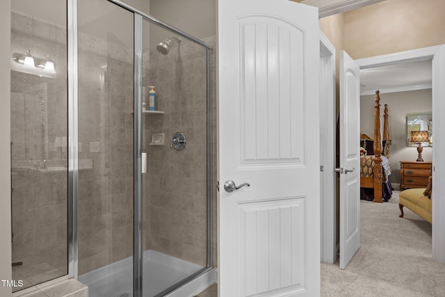 2505 Goldeneye Ct, Raleigh, NC 27606 - ensuite bathroom with a shower stall and ornamental molding