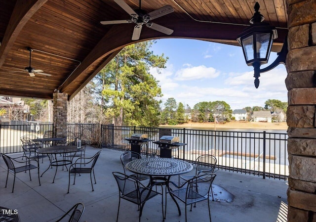 2505 Goldeneye Ct, Raleigh, NC 27606 - view of patio / terrace featuring a ceiling fan, a water view, and a grill