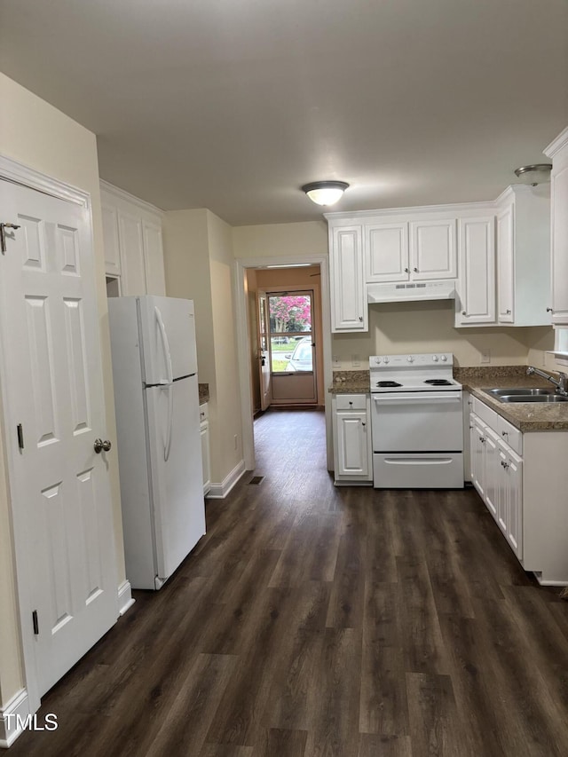 12719 S St, Whitakers, NC 27891 - kitchen with white appliances, white cabinetry, dark wood-type flooring, and under cabinet range hood