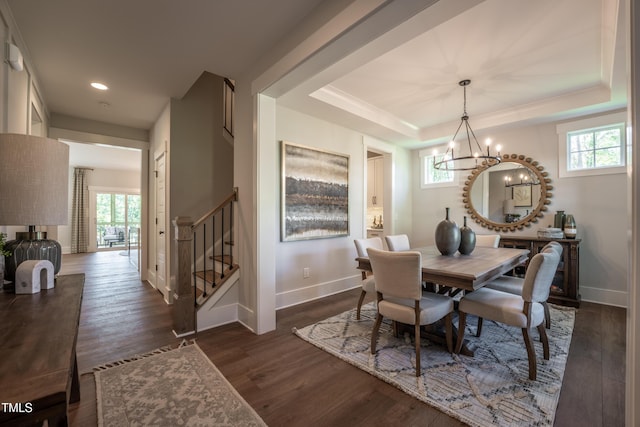 249 Dona Dr, Carthage, NC 28327 - dining area featuring healthy amount of natural light, a chandelier, stairs, dark wood finished floors, and recessed lighting