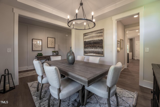 249 Dona Dr, Carthage, NC 28327 - dining room with a chandelier, dark wood-style flooring, and ornamental molding