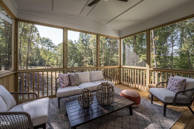 249 Dona Dr, Carthage, NC 28327 - sunroom / solarium featuring a ceiling fan, an outdoor hangout area, vaulted ceiling, and view of wooded area