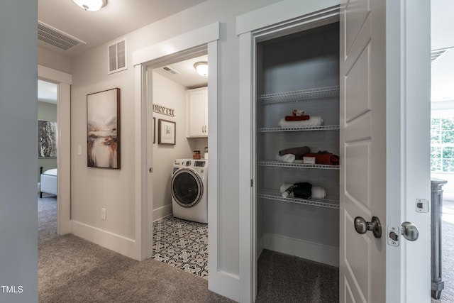 249 Dona Dr, Carthage, NC 28327 - laundry room with cabinet space, carpet flooring, and washer / dryer