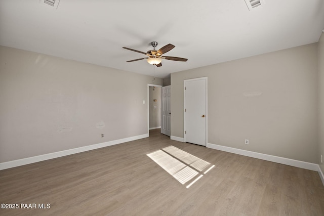 unfurnished bedroom with ceiling fan and light hardwood / wood-style flooring