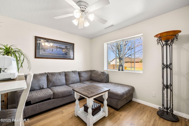 7300 Butte Vis, Prescott Valley, AZ 86315 - living area featuring baseboards, ceiling fan, visible vents, and light wood-style floors