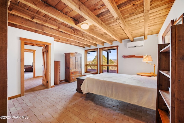 unfurnished bedroom with brick floor, wooden ceiling, baseboards, and a wall mounted air conditioner