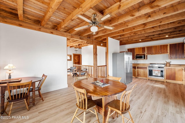 dining room with beam ceiling, ceiling fan, wooden ceiling, and light wood-style floors