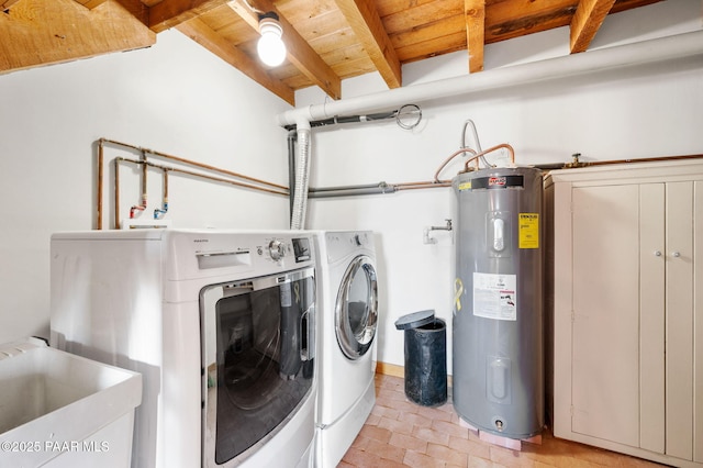 laundry area featuring washer and dryer, wooden ceiling, and water heater