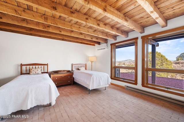 bedroom featuring a wall mounted AC, baseboard heating, beam ceiling, brick floor, and wood ceiling
