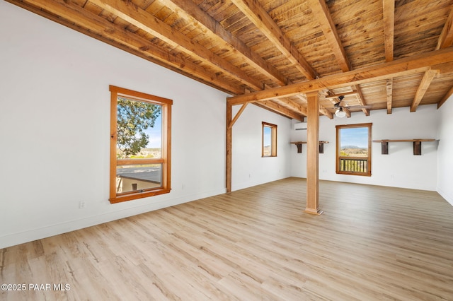 unfurnished living room with baseboards, beam ceiling, ceiling fan, wood ceiling, and wood finished floors