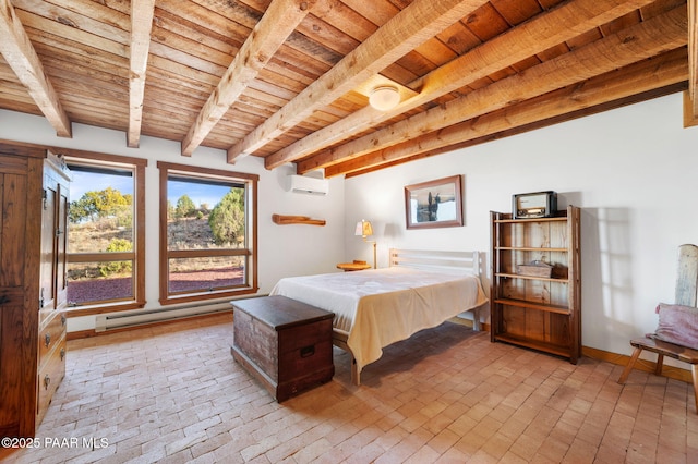 bedroom featuring a baseboard radiator, brick floor, beam ceiling, and wood ceiling