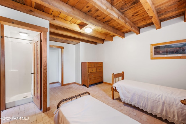 bedroom featuring baseboards, brick floor, wood ceiling, and beamed ceiling