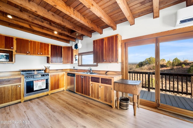 kitchen featuring light countertops, appliances with stainless steel finishes, light wood-style floors, wood ceiling, and beamed ceiling
