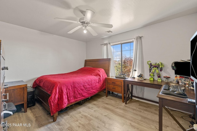 bedroom featuring ceiling fan and light hardwood / wood-style flooring