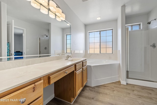 bathroom with plus walk in shower, wood-type flooring, vanity, and plenty of natural light