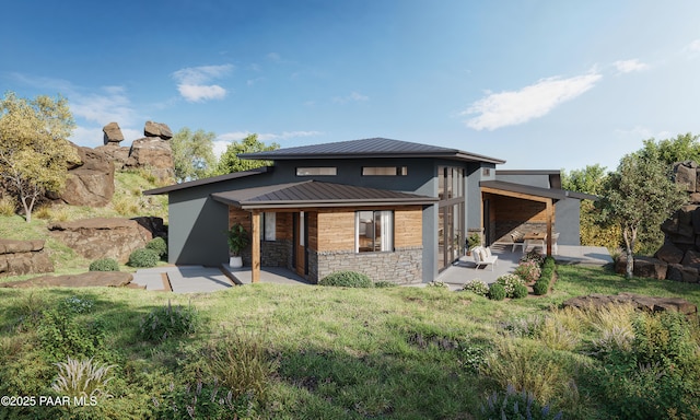 4333 N Twisted Trl, Prescott, AZ 86301 - rear view of house with stone siding, a standing seam roof, a patio area, a metal roof, and stucco siding