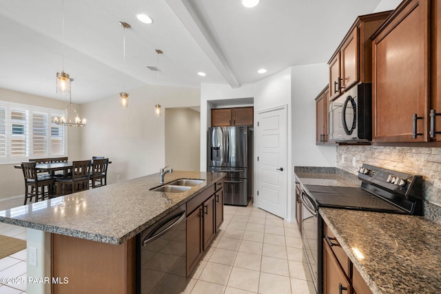 6214 Harvest Moon Ave, Prescott, AZ 86305 - kitchen featuring black / electric stove, stainless steel fridge, dishwasher, backsplash, and pendant lighting