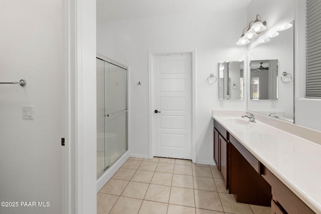 6214 Harvest Moon Ave, Prescott, AZ 86305 - bathroom with vanity, a shower stall, tile patterned floors, and a ceiling fan