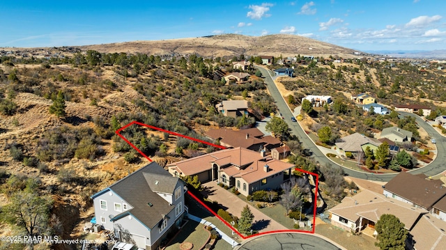791 N Creekside Dr, Prescott, AZ 86303 - aerial perspective of suburban area with property parcel outlined and a mountain backdrop