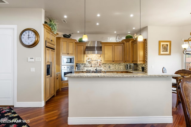 791 N Creekside Dr, Prescott, AZ 86303 - kitchen with stainless steel appliances, wall chimney range hood, dark wood-style flooring, backsplash, and recessed lighting